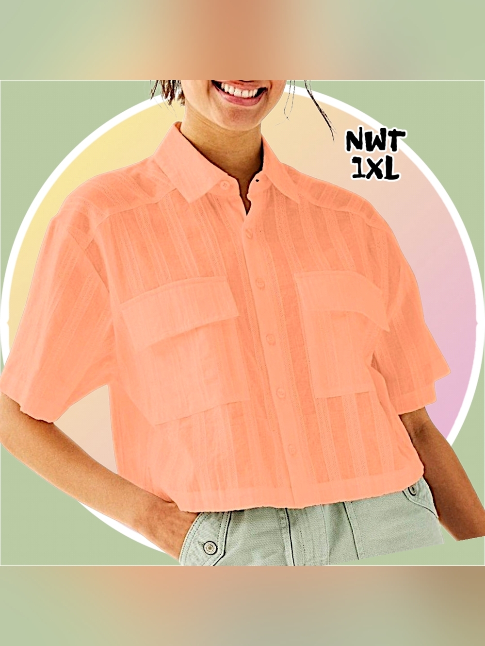 NWT 1XK Short Sleeve Button Front Camp Shirt W 2 Functional Flap Pockets